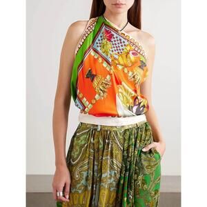 NEW ALEMAIS rocco printed silk-twill scarf top in gold multi